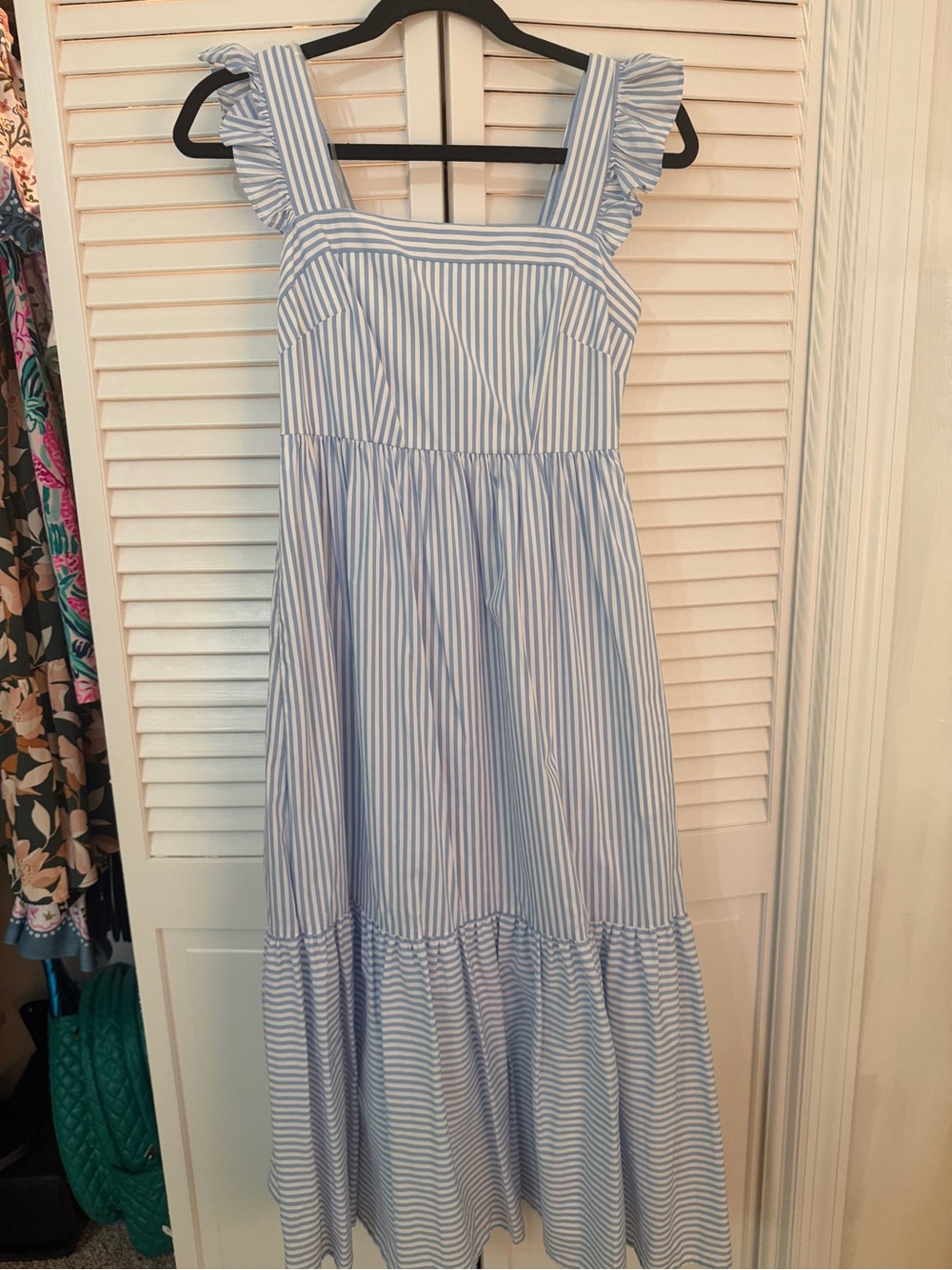 Gal Meets Glam Jasmine Light Blue and White Striped Maxi Dress